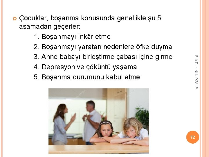  Psk. Dan. Nida ÖZALP Çocuklar, boşanma konusunda genellikle şu 5 aşamadan geçerler: 1.