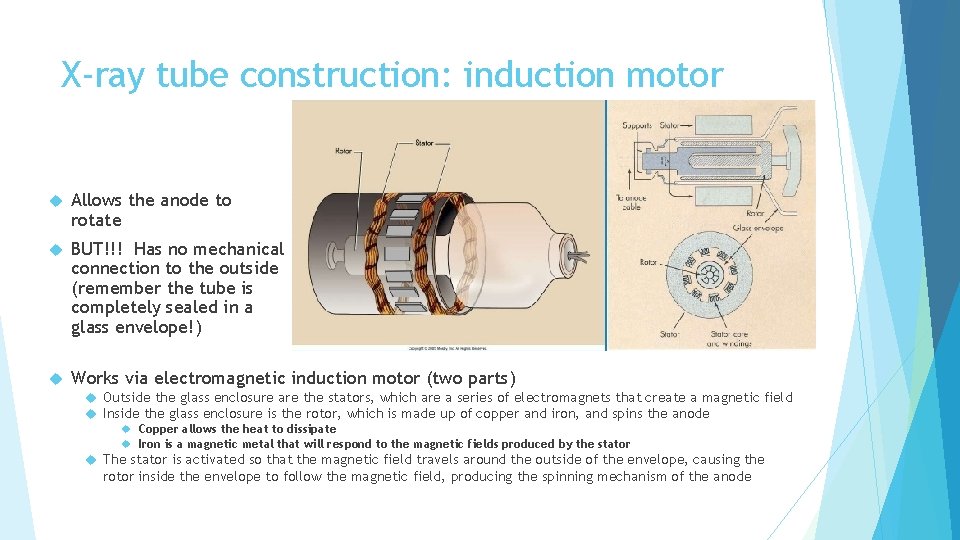 X-ray tube construction: induction motor Allows the anode to rotate BUT!!! Has no mechanical