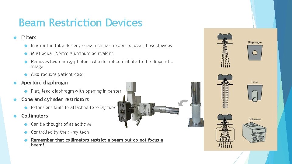 Beam Restriction Devices Filters Inherent in tube design; x-ray tech has no control over