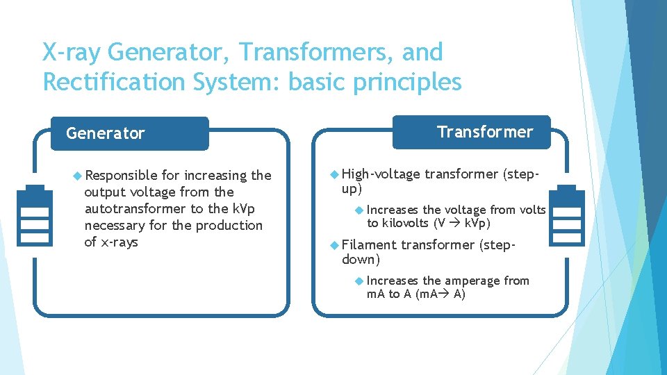 X-ray Generator, Transformers, and Rectification System: basic principles Transformer Generator Responsible for increasing the