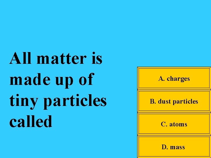 All matter is made up of tiny particles called A. charges B. dust particles
