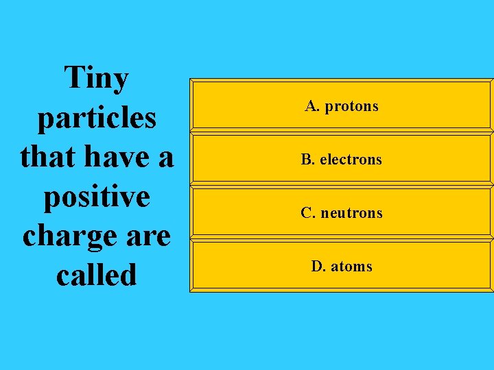 Tiny particles that have a positive charge are called A. protons B. electrons C.