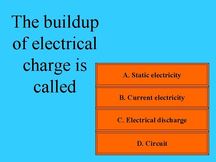 The buildup of electrical charge is called A. Static electricity B. Current electricity C.
