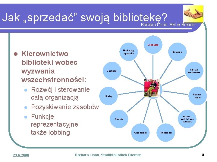 Jak „sprzedać” swoją bibliotekę? Barbara Lison, BM w Bremie Lobbysta l Kierownictwo biblioteki wobec