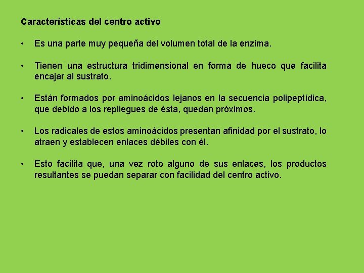 Características del centro activo • Es una parte muy pequeña del volumen total de