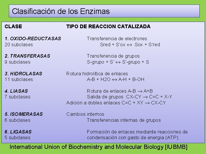 Clasificación de los Enzimas CLASE TIPO DE REACCION CATALIZADA 1. OXIDO-REDUCTASAS 20 subclases Transferencia