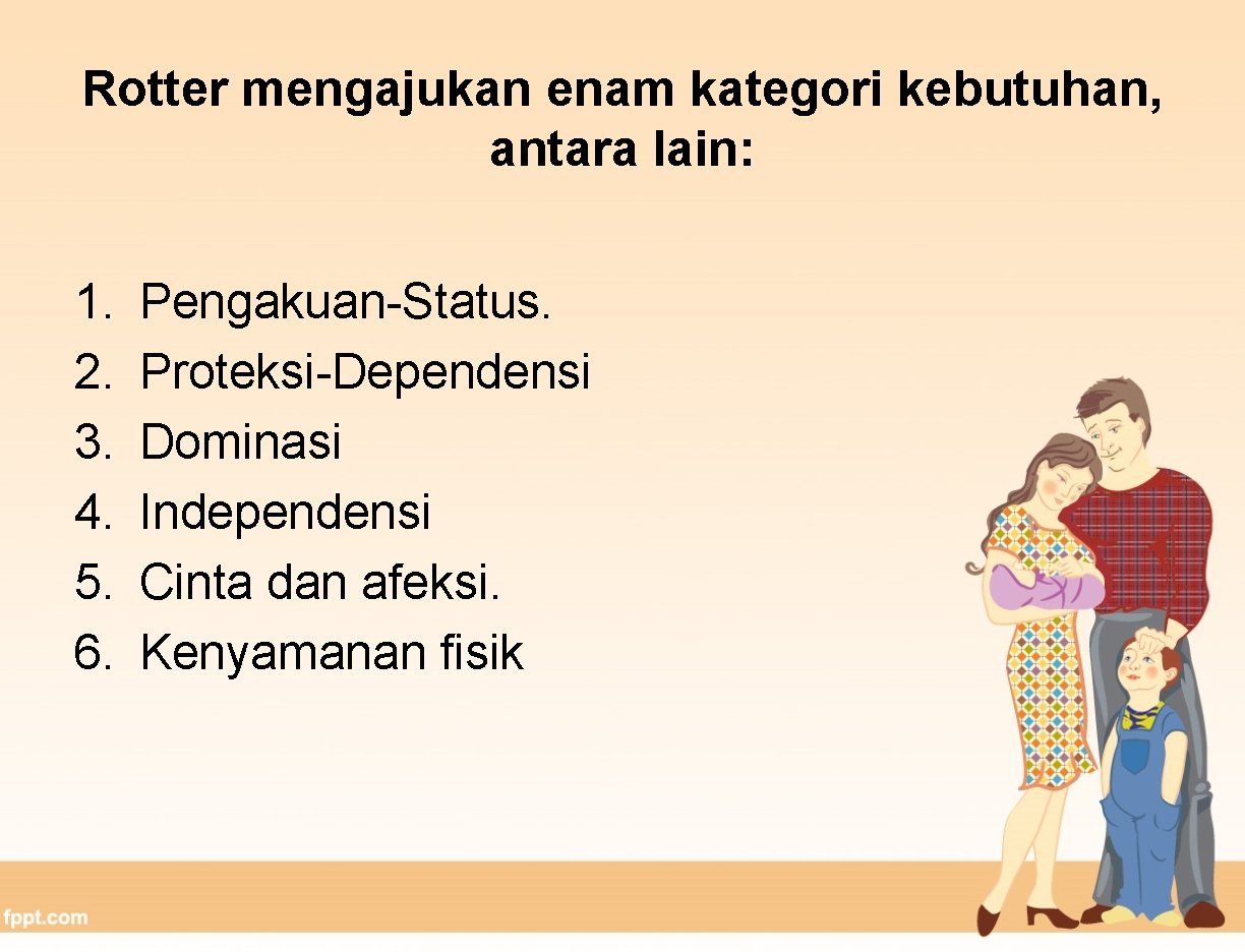 Rotter mengajukan enam kategori kebutuhan, antara lain: 1. 2. 3. 4. 5. 6. Pengakuan-Status.