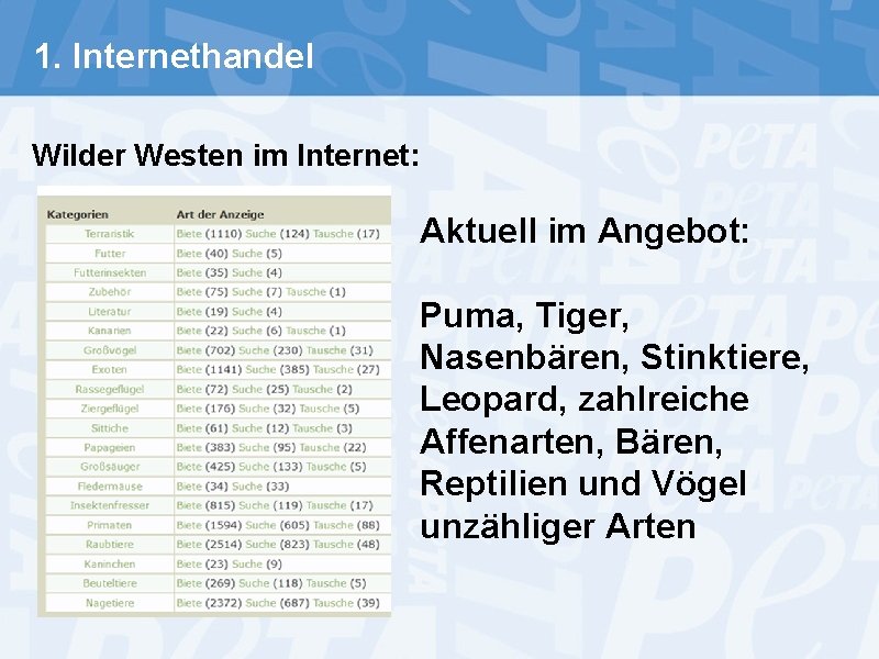 1. Internethandel Wilder Westen im Internet: Aktuell im Angebot: Puma, Tiger, Nasenbären, Stinktiere, Leopard,