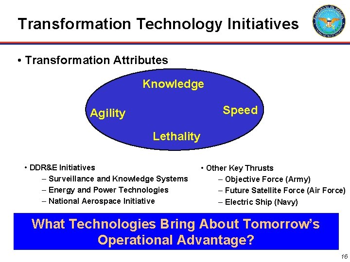 Transformation Technology Initiatives • Transformation Attributes Knowledge Speed Agility Lethality • DDR&E Initiatives –