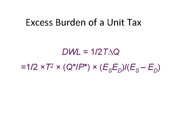 Excess Burden of a Unit Tax DWL = 1/2 T Q =1/2 ×T 2