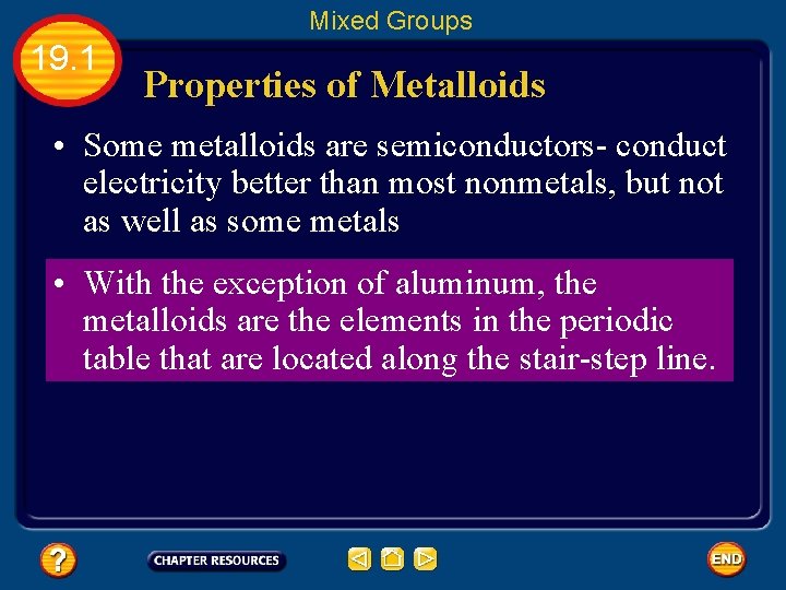 Mixed Groups 19. 1 Properties of Metalloids • Some metalloids are semiconductors- conduct electricity