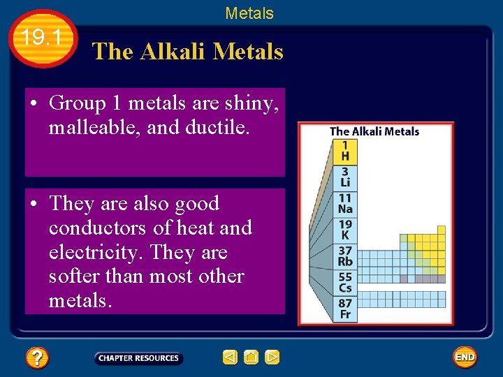 Metals 19. 1 The Alkali Metals • Group 1 metals are shiny, malleable, and