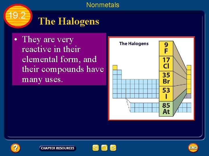 Nonmetals 19. 2 The Halogens • They are very reactive in their elemental form,