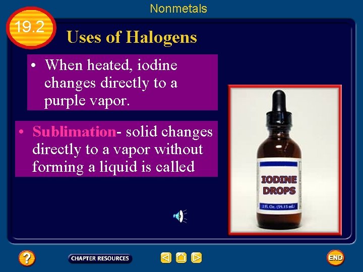 Nonmetals 19. 2 Uses of Halogens • When heated, iodine changes directly to a