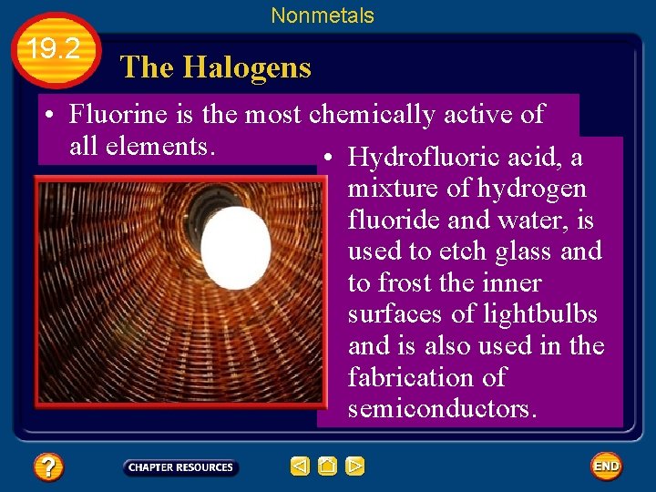 Nonmetals 19. 2 The Halogens • Fluorine is the most chemically active of all