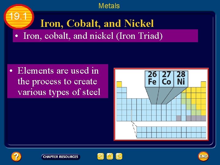 Metals 19. 1 Iron, Cobalt, and Nickel • Iron, cobalt, and nickel (Iron Triad)