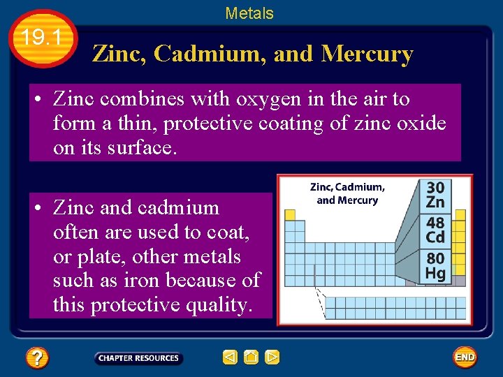 Metals 19. 1 Zinc, Cadmium, and Mercury • Zinc combines with oxygen in the