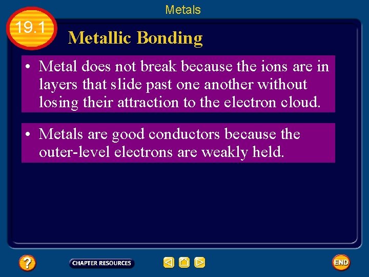 Metals 19. 1 Metallic Bonding • Metal does not break because the ions are