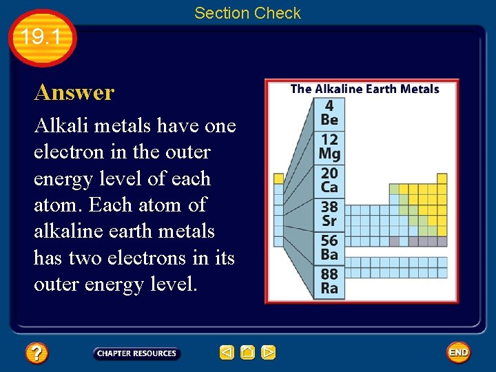 Section Check 19. 1 Answer Alkali metals have one electron in the outer energy