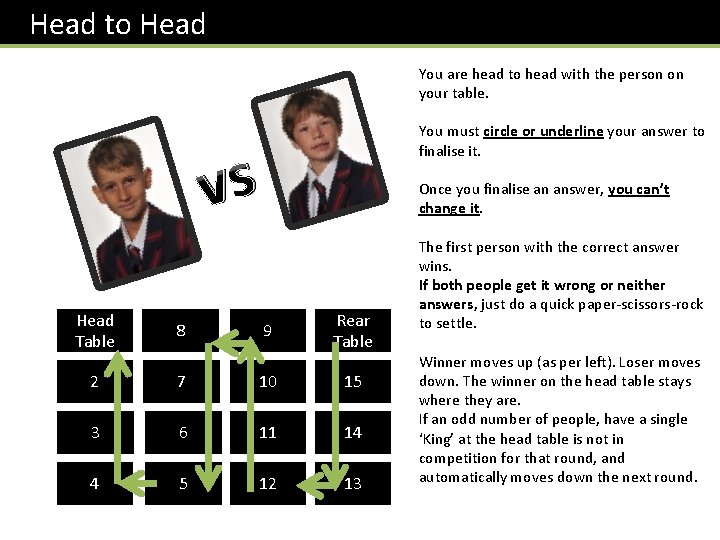 Head to Head You are head to head with the person on your