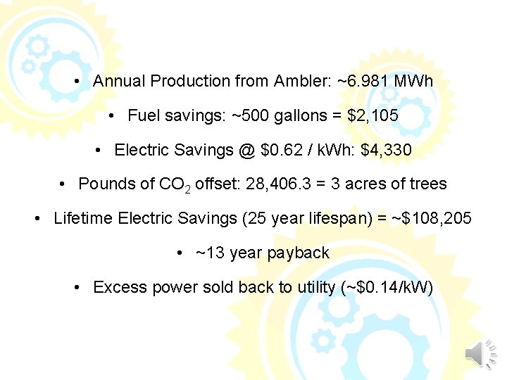  • Annual Production from Ambler: ~6. 981 MWh • Fuel savings: ~500 gallons