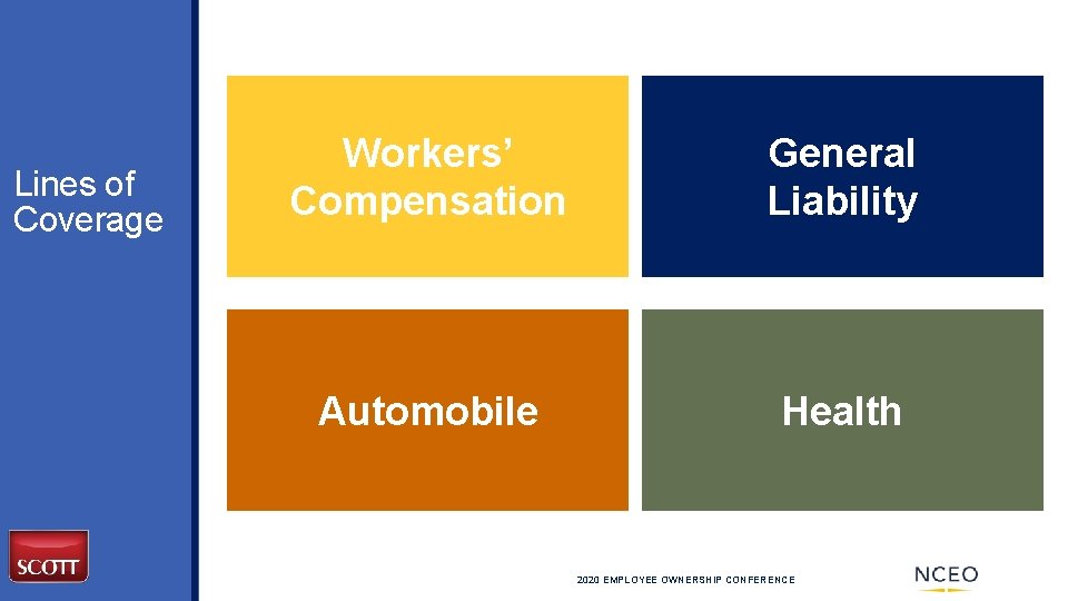 Lines of Coverage Workers’ Compensation General Liability Automobile Health 2020 EMPLOYEE OWNERSHIP CONFERENCE 