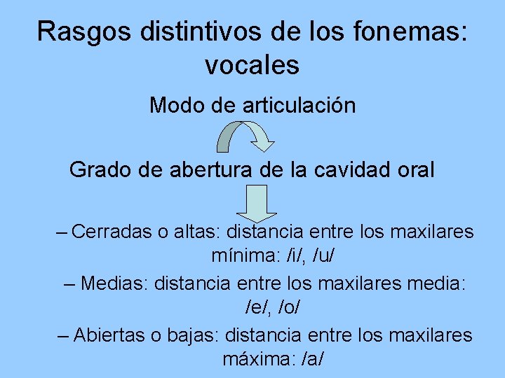 Rasgos distintivos de los fonemas: vocales Modo de articulación Grado de abertura de la