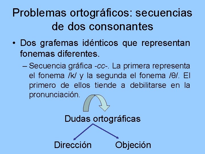 Problemas ortográficos: secuencias de dos consonantes • Dos grafemas idénticos que representan fonemas diferentes.