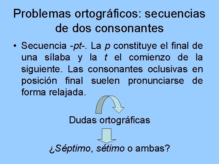 Problemas ortográficos: secuencias de dos consonantes • Secuencia -pt-. La p constituye el final