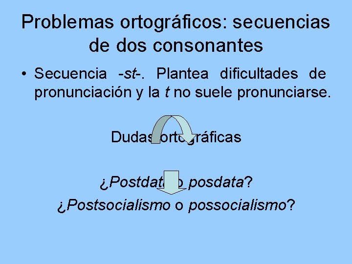 Problemas ortográficos: secuencias de dos consonantes • Secuencia -st-. Plantea dificultades de pronunciación y
