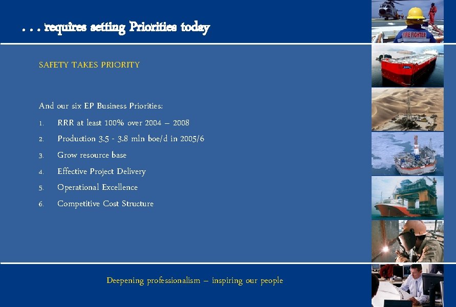 . . . requires setting Priorities today And our six EP Business Priorities: 1.