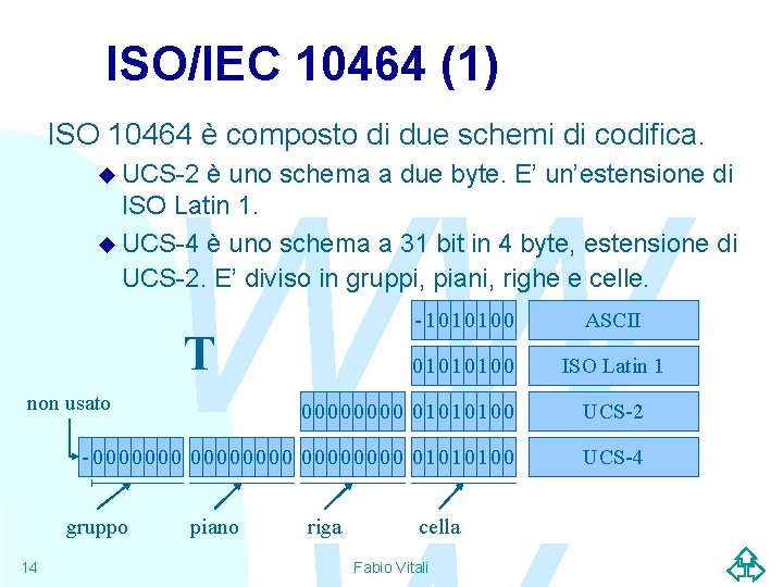 ISO/IEC 10464 (1) ISO 10464 è composto di due schemi di codifica. u UCS-2