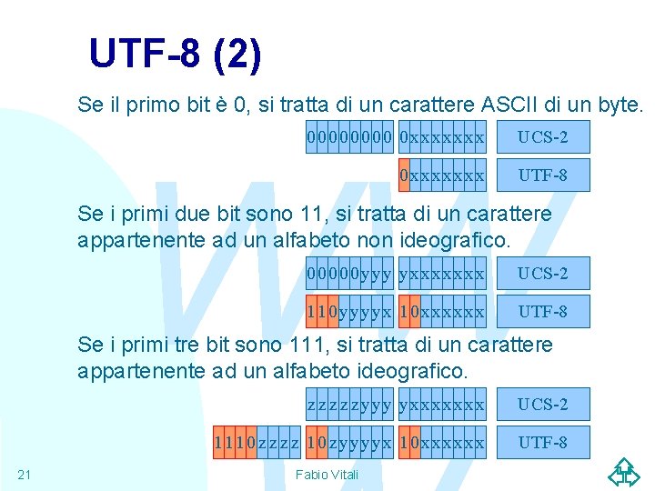 UTF-8 (2) Se il primo bit è 0, si tratta di un carattere ASCII