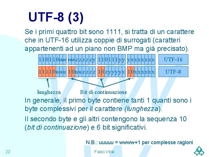 UTF-8 (3) Se i primi quattro bit sono 1111, si tratta di un carattere