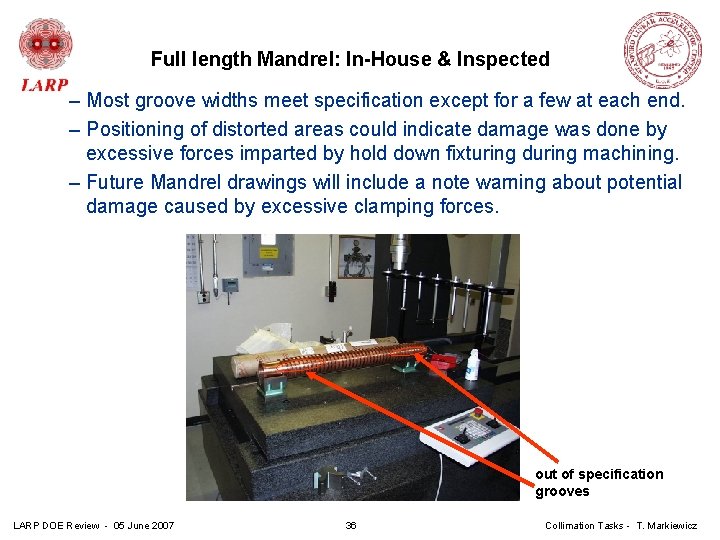 Full length Mandrel: In-House & Inspected – Most groove widths meet specification except for