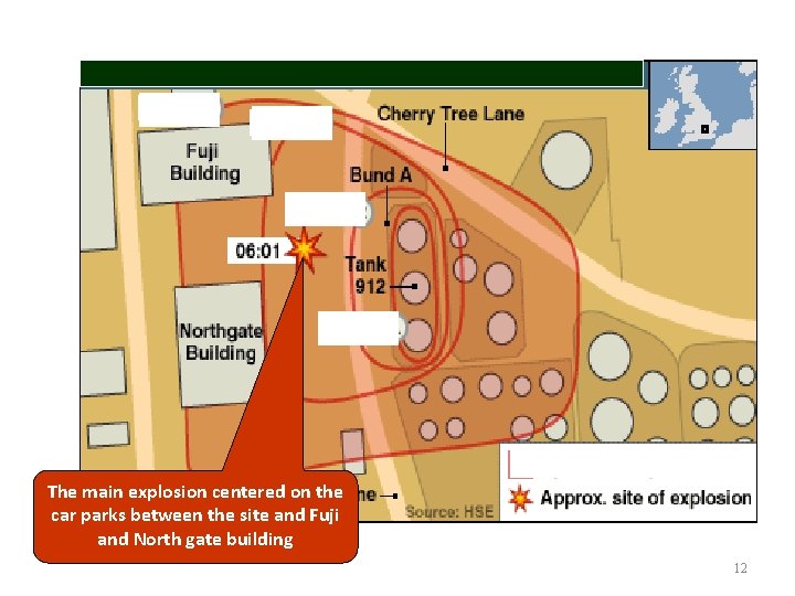The main explosion centered on the car parks between the site and Fuji and
