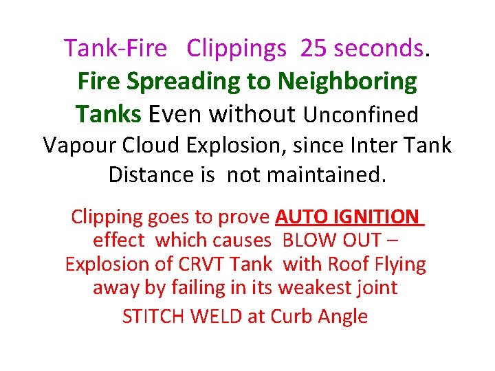 Tank-Fire Clippings 25 seconds. Fire Spreading to Neighboring Tanks Even without Unconfined Vapour Cloud