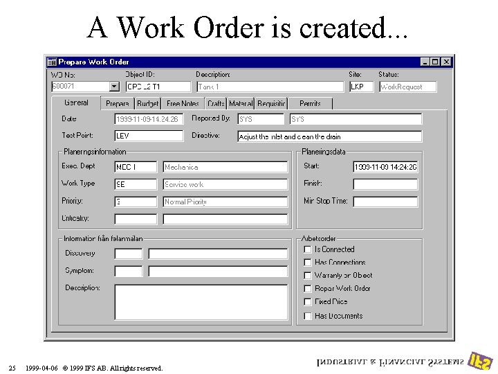 A Work Order is created. . . 25 1999 -04 -06 © 1999 IFS