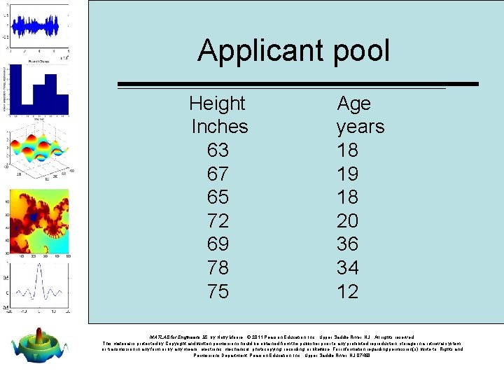 Applicant pool Height Inches 63 67 65 72 69 78 75 Age years 18