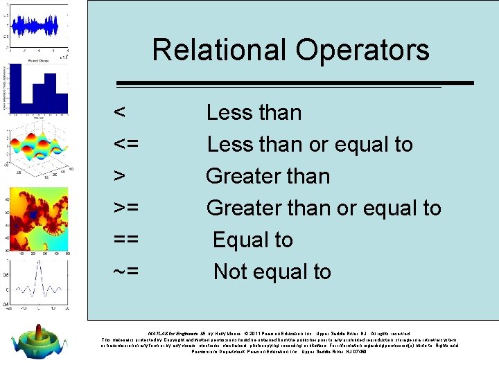 Relational Operators < <= > >= == ~= Less than or equal to Greater