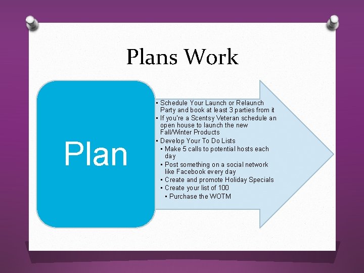 Plans Work Plan • Schedule Your Launch or Relaunch Party and book at least