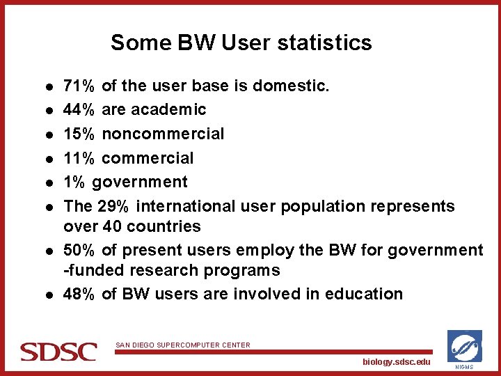 Some BW User statistics l l l l 71% of the user base is