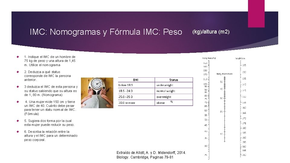 IMC: Nomogramas y Fórmula IMC: Peso 1. Indique el IMC de un hombre de