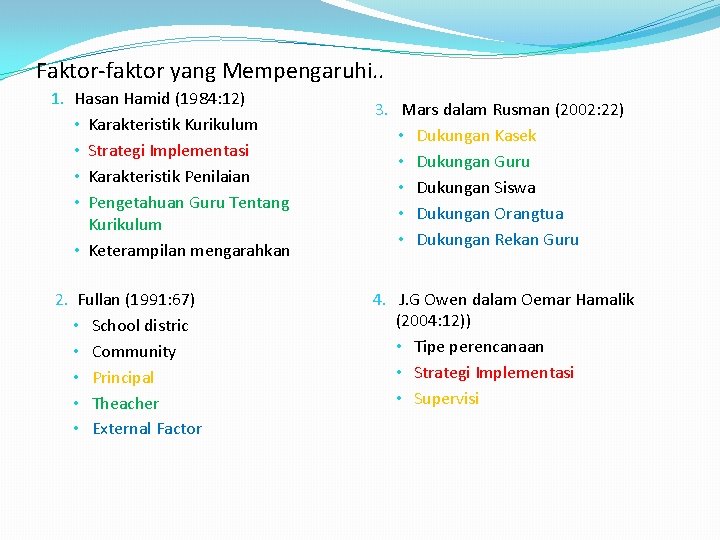 Faktor-faktor yang Mempengaruhi. . 1. Hasan Hamid (1984: 12) • Karakteristik Kurikulum • Strategi