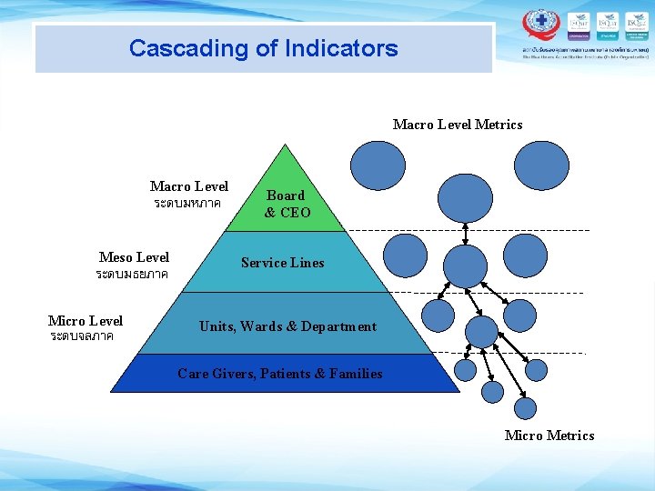 Cascading of Indicators Macro Level Metrics Macro Level ระดบมหภาค Meso Level ระดบมธยภาค Micro Level Cascading of Indicators Macro Level Metrics Macro Level ระดบมหภาค Meso Level ระดบมธยภาค Micro Level