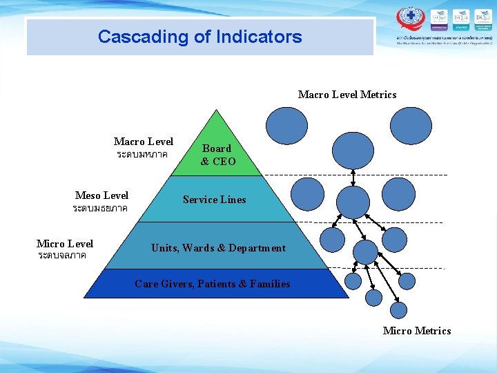 Cascading of Indicators Macro Level Metrics Macro Level ระดบมหภาค Meso Level ระดบมธยภาค Micro Level