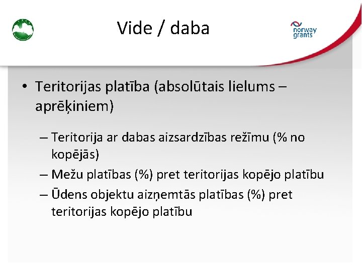 Vide / daba • Teritorijas platība (absolūtais lielums – aprēķiniem) – Teritorija ar dabas