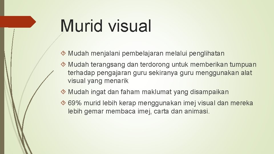 Murid visual Mudah menjalani pembelajaran melalui penglihatan Mudah terangsang dan terdorong untuk memberikan tumpuan