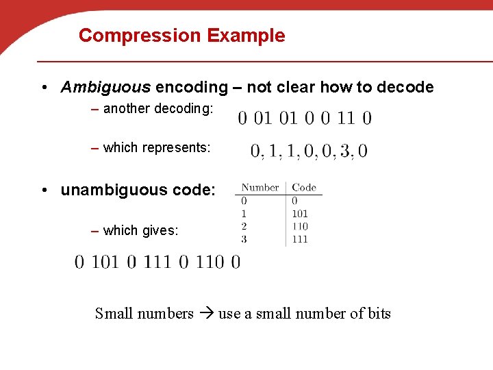 Compression Example • Ambiguous encoding – not clear how to decode – another decoding: