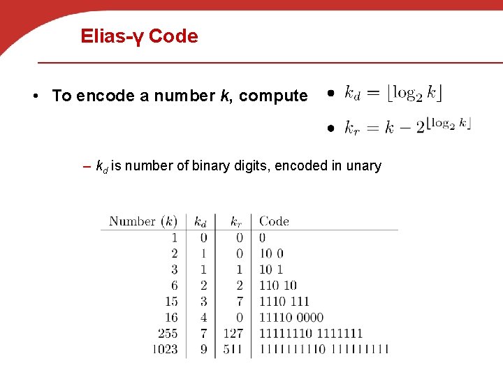 Elias-γ Code • To encode a number k, compute – kd is number of
